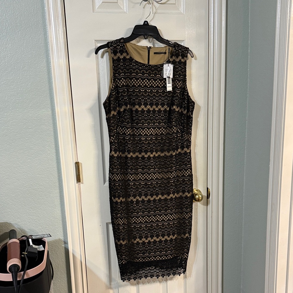 NWT Tahari Black and Tan Lace Midi Dress